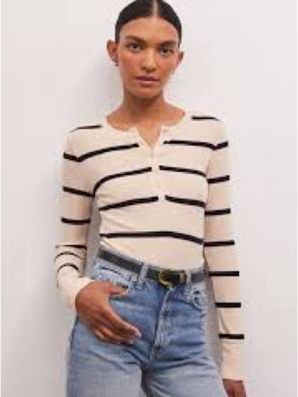 Z Supply Cream and Black Striped Ribbed Henley Long Sleeve